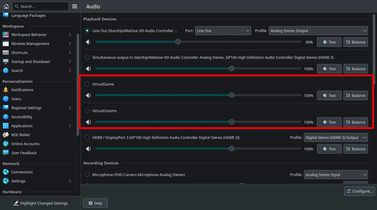 The Audio Settings in KDE. You can see the virtual devices that were created as part of this blog entry.