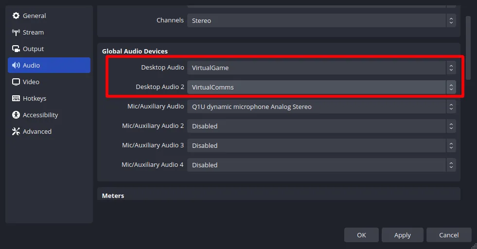 The Audio Settings in OBS. The virtual devices that were created as part of this blog entry can be selected from the drop down.