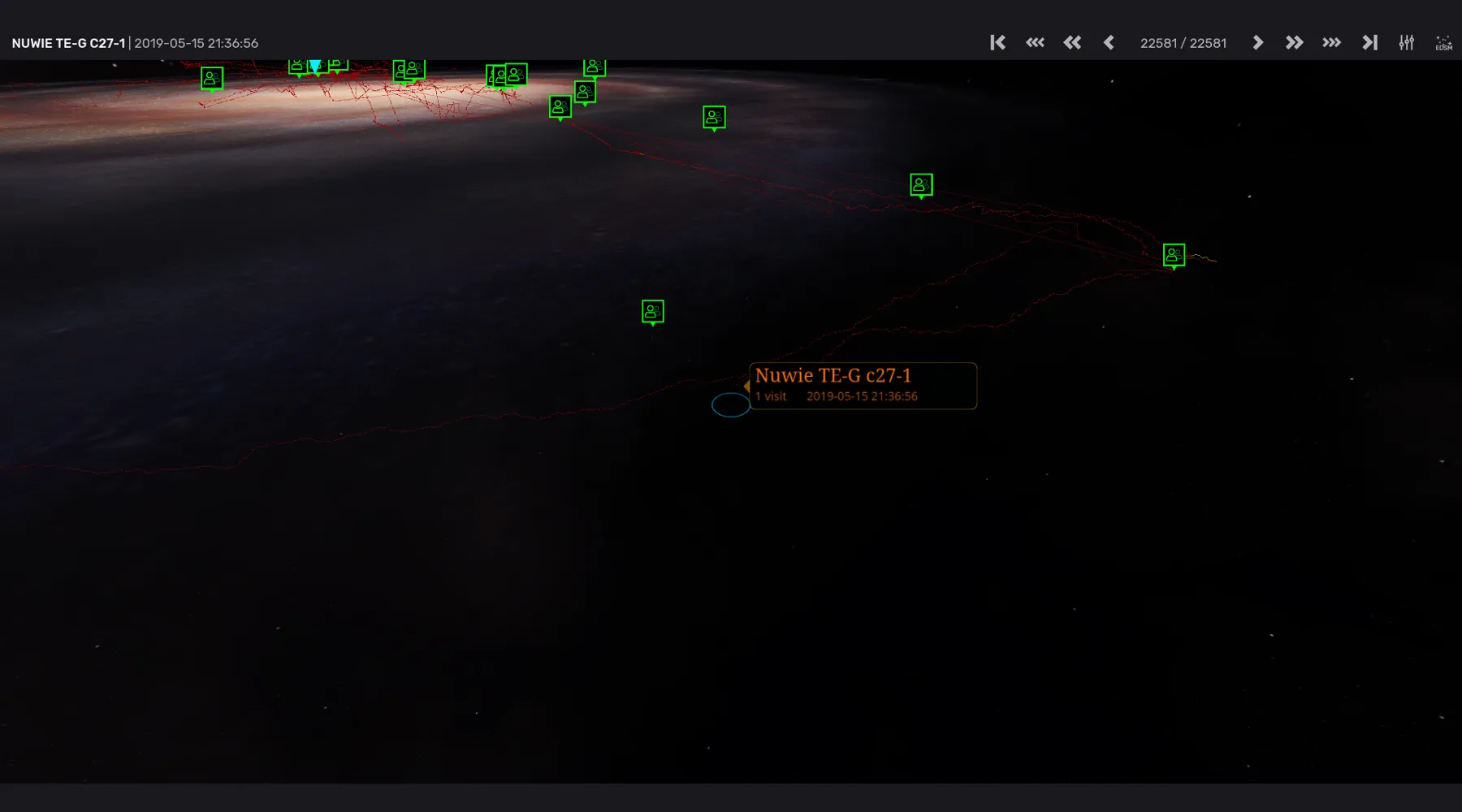 A screenshot of the app. One can see star systems as dots and lines indicating travels between those systems. The colour of a line or dot indicates how often a player has been there.